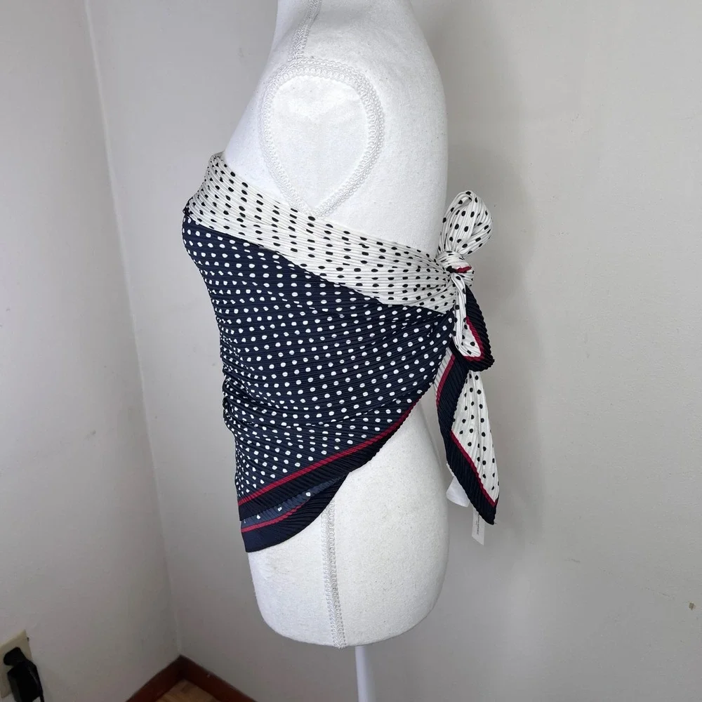 Banana Republic Polka Dot Pleated Scarf Square Navy White Red Coastal Chic NWT
